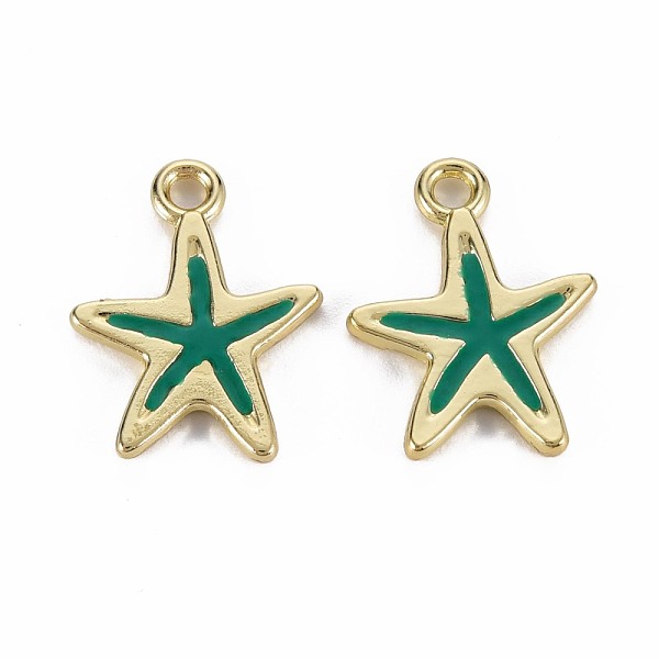 

PandaHall Rack Plating Alloy Pendants, with Enamel, Cadmium Free & Lead Free, Starfish, Light Gold, Green, 17x13x1.5mm, Hole: 1.8mm...