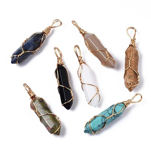 PandaHall Natural & Synthetic Gemstone Big Pendants, with Brass Findings, Hexagonal Prisms, 44.5~52x10~11x9.5~10.5mm, Hole: 4x7mm Mixed...