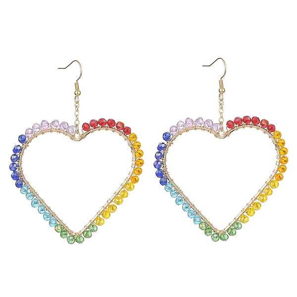 

PandaHall Brass Heart with Glass Beaded Dangle Earrings, 304 Stainless Steel Long Drop Earrings, Colorful, 83x61mm Glass Heart