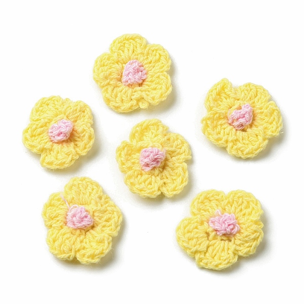

PandaHall Cotton Thread Knitted Ornament Accessories, Flower, Yellow, 23.5~25x24~25x4.5~5mm Cotton Flower Yellow