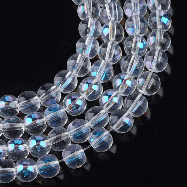 

PandaHall Electroplate Glass Beads Strands, Rainbow Plated, Round, Clear, 7.5x8.5mm, Hole: 1mm, about 104pcs/strand, 30.3 inch Glass Round..., White