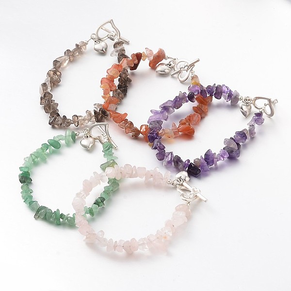 

PandaHall Trendy Natural Gemstone Beaded Bracelets, with Iron Beads, Alloy Heart Charms and Toggle Clasps, Mixed Stone, 200x6mm Mixed Stone
