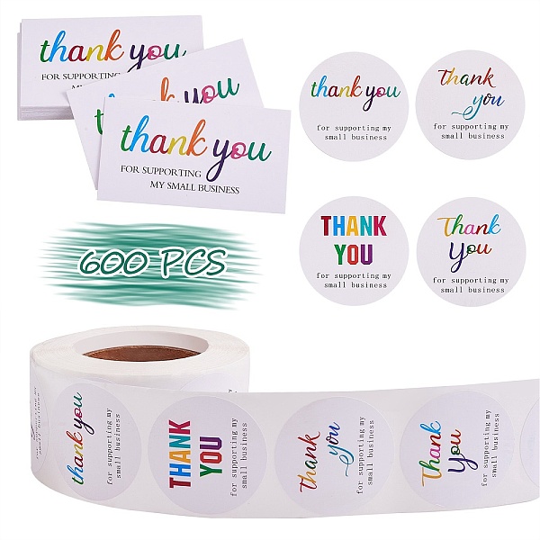 

PandaHall 1 Roll Word Thank You Self Adhesive Paper Stickers, with 2 Bag Thank You Theme Card, Word, 3.8cm Paper Word