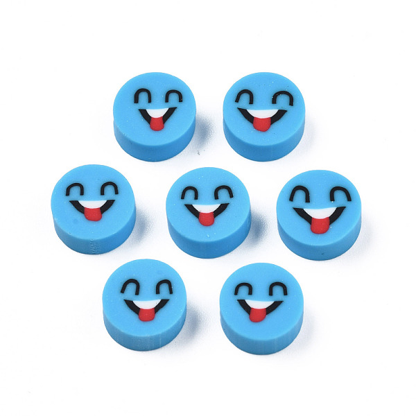 

PandaHall Handmade Polymer Clay Beads, Flat Round with Expression, Deep Sky Blue, 9~10x4~5mm, Hole: 1.6mm Polymer Clay Flat Round