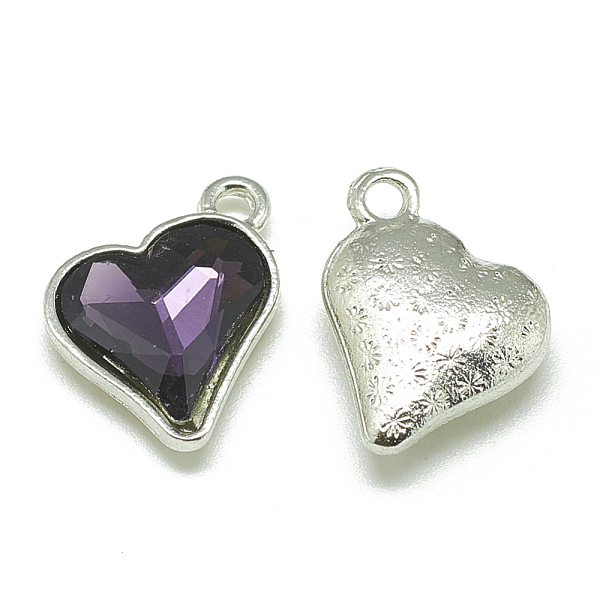 

PandaHall Alloy Glass Pendants, Faceted, Heart, Platinum, Purple, 17x15x5mm, Hole: 1.5mm Alloy+Glass Heart Purple