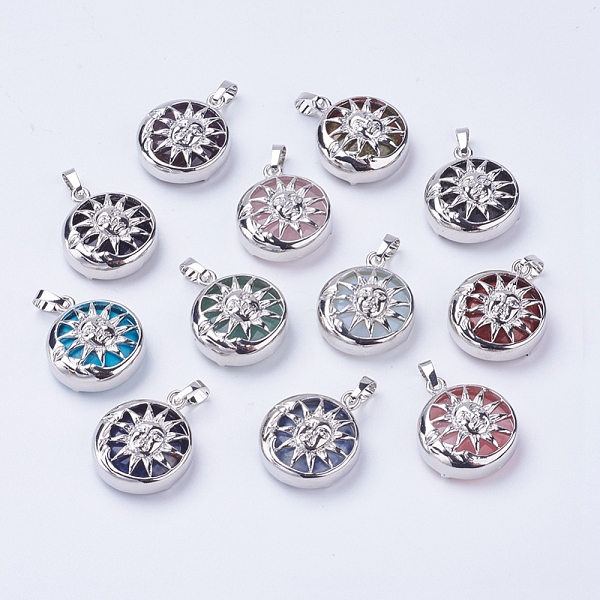

PandaHall Natural & Synthetic Mixed Stone Pendants, with Brass Findings, Flat Round with Sun, Platinum, 28x24x9~10mm, Hole: 5x7mm Mixed...