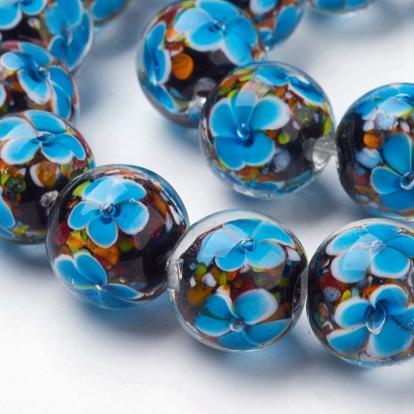 

PandaHall Handmade Inner Flower Lampwork Beads Strands, Round, Dodger Blue, 14mm, Hole: 2mm, 25pcs/strand, 12.99 inch Lampwork Round Blue