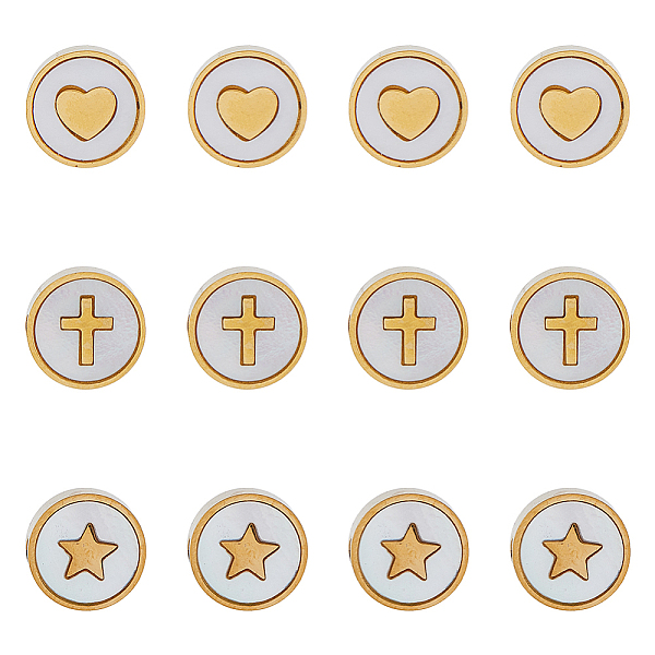 

PandaHall DICOSMETIC 12Pcs 3 Style 304 Stainless Steel Beads, with Shell, Flat Round with Heart/Star/Cross, Golden, 10x3mm, Hole: 1.6mm...