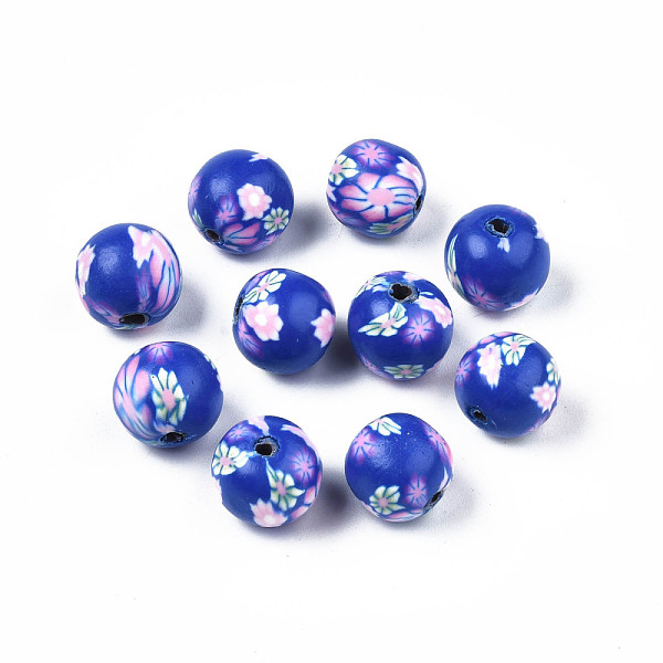 

PandaHall Handmade Polymer Clay Beads, Round with Flower, Medium Blue, 10~11x10mm, Hole: 1.5mm Polymer Clay Round