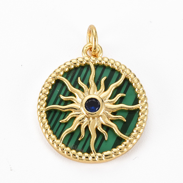 

PandaHall Brass Cubic Zirconia Pendants, with Shell & Synthetic Stone & Acrylic and Jump Ring, Real 16K Gold Plated, Flat Round with Sun..., Multicolor