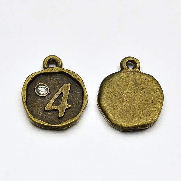 

PandaHall Antique Bronze Plated Alloy Rhinestone Charms, Flat Round with Num.4, Nickel Free, 13x10x1.5mm, Hole: 1mm Alloy+Rhinestone Number..., Clear