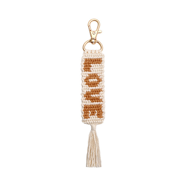 

PandaHall Valentine's Day Word Love Hand-woven Cotton Pendant Decorations, Bohemian Style Letter Tassel Ornaments, with Alloy Lobster Clasp..., Brown