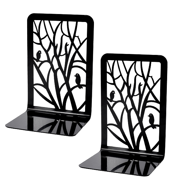 PandaHall Recrtangle Non-Skid Iron Bookend Display Stands, Desktop Heavy Duty Metal Book Stopper for Shelves, Black, Tree Pattern...