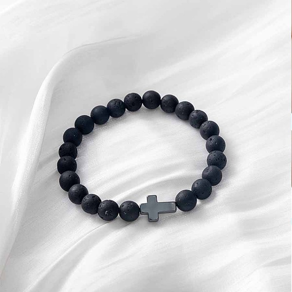 

PandaHall Round Natural Lava Rock Beaded Stretch Bracelets, Cross Bracelets for Women Men Lava Rock Cross