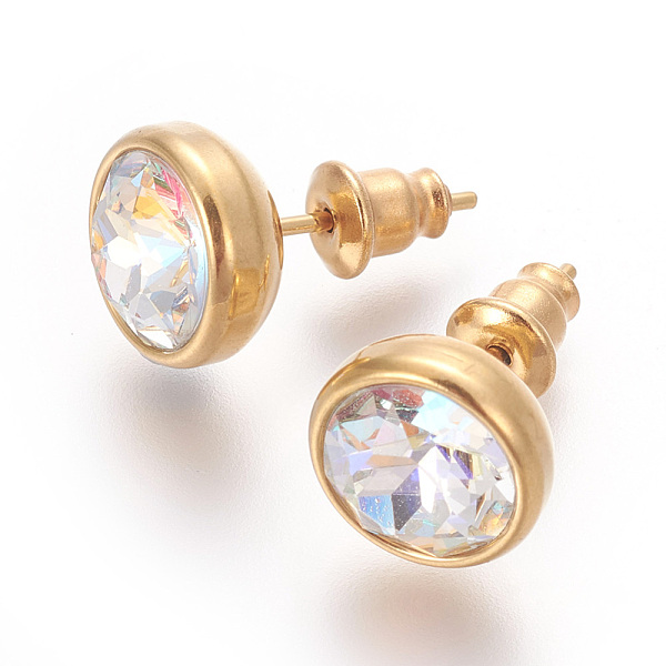 

PandaHall 304 Stainless Steel Ear Studs, with Cubic Zirconia, Ion Plating (IP), Flat Round, Golden, Clear AB, 10x17mm, Pin: 0.7mm Cubic..., White
