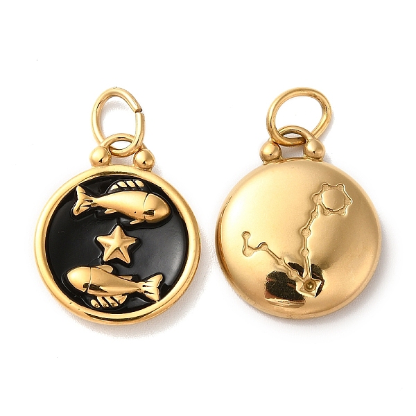 

PandaHall Ion Plating(IP) 304 Stainless Steel Enamel Pendants, with Jump Ring, Flat Round with Constellation, Golden, Pisces..., Black