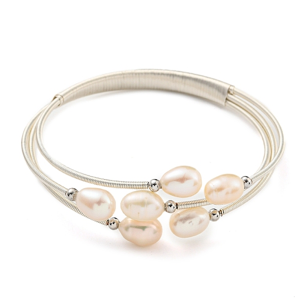 

PandaHall Three-Loops Brass & Natural Freshwater Pearl Beaded Wrap Bracelets for Women, PeachPuff, Inner Diameter: 2 inch(5.2cm) Pearl Brown