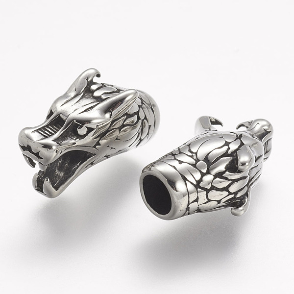 

PandaHall 304 Stainless Steel Cord Ends, End Caps, For Leather Cord Bracelets Making, Dragon Head, Antique Silver, 23x14x10mm, Hole: 5.5mm...