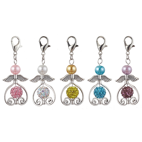 

PandaHall 5Pcs 5 Colors Angel Glass Pearl Pendant Decorations, with Polymer Clay Rhinestone Beads and Zinc Alloy Lobster Claw Clasps, Mixed..., Multicolor