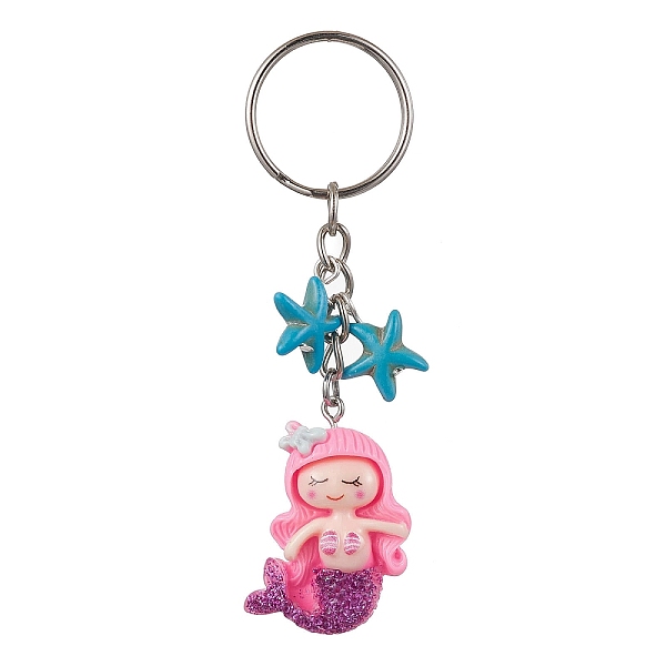 PandaHall Mermaid Opaque Resin Pendant Keychain, with Starfish Synthetic Turquoise and Iron Split Key Rings, Hot Pink, 8.9cm, pendant...