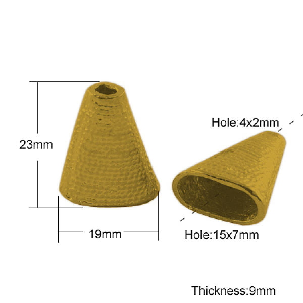 

PandaHall Tibetan Style Bead Cones, Triangle, Cadmium Free & Nickel Free & Lead Free, Antique Golden, 23x19x9mm, Hole: 4x2mm, Inner Size...