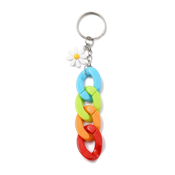 

PandaHall Acrylic Curb Chain Keychain, with Resin Daisy Charm and Iron Keychain Ring, Colorful, 12.8~13cm Acrylic Flower