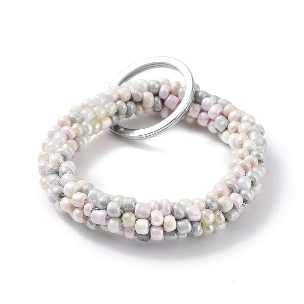 

PandaHall Glass Beaded Bracelet Wrist Keychain, with Iron Key Ring, WhiteSmoke, 9cm Glass White