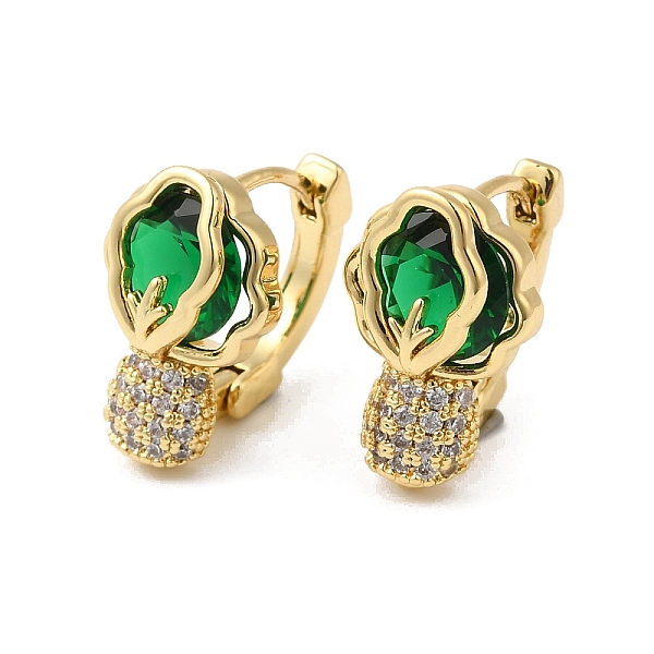 

PandaHall Cubic Zirconia Flower Hoop Earrings with Glass, Brass Jewelry for Women, Real 18K Gold Plated, 17x11mm Cubic Zirconia Flower Green