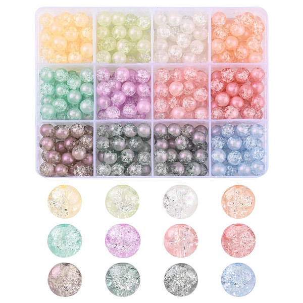 

PandaHall 300Pcs 12 Colors Translucent Crackle Glass Beads Strands, with Glitter Powder, Round, Mixed Color, 8x7.5mm, Hole: 1mm, 25pcs/color..., Multicolor