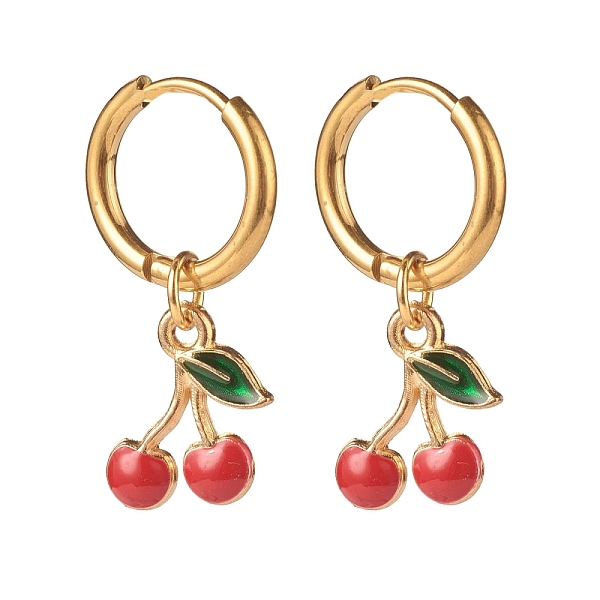 

PandaHall Alloy Enamel Cherry Dangle Hoop Earrings, 304 Stainless Steel Jewelry for Women, Colorful, 28mm, Pin: 1mm Alloy Cherry