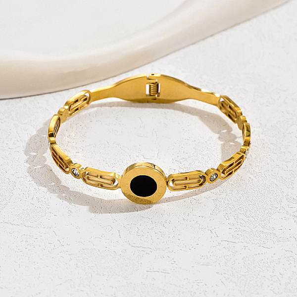 

PandaHall Natural Shell Flat Round Bangle, Real 18K Gold Plated Stainless Steel Bangle, Black, Inner Diameter: 2-3/8~2-3/4 inch(6~7cm) Shell...