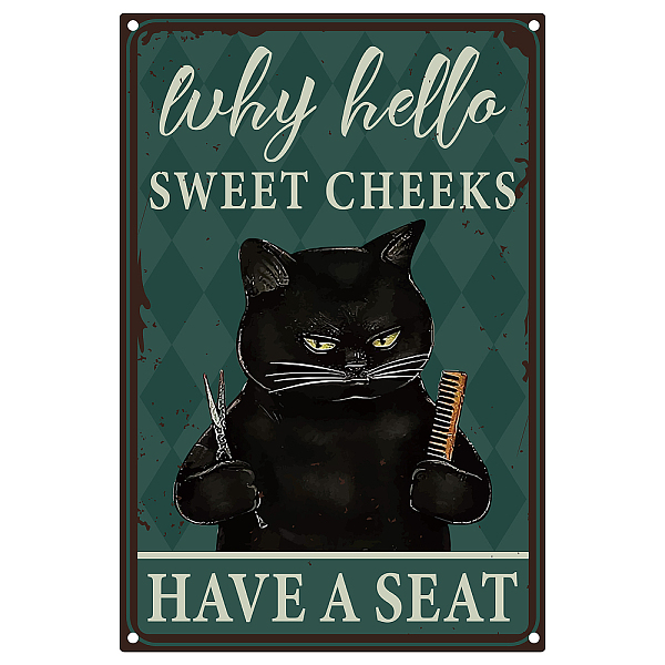 PandaHall CREATCABIN Cat Barber Metal Tin Sign Sweet Cheeks Have A Seat Vintage Tin Sign Funny Hanging Poster Sign Decor for Barbershop...