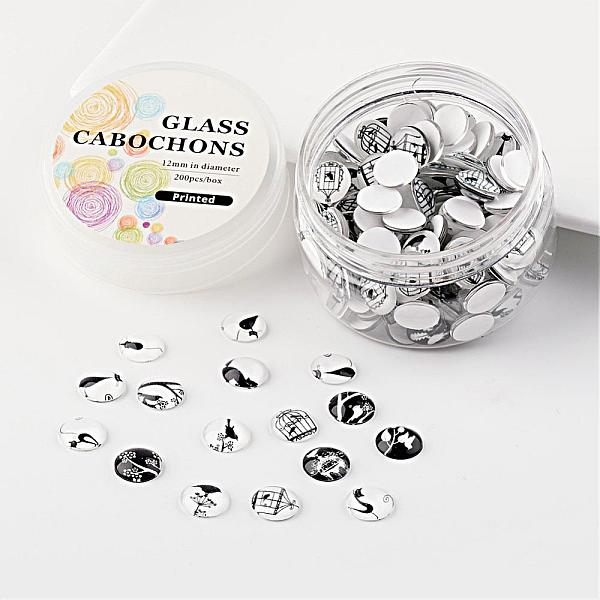 

PandaHall Glass Cabochons, Retro Black and White Picture Printed, Half Round/Dome, Mixed Color, 12x4mm, about 180~190pcs/box Glass Half..., Multicolor
