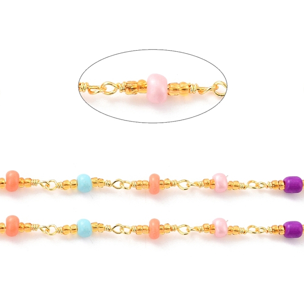 

PandaHall Handmade Glass Beaded Chains, with Brass Cable Chain, Long-Lasting Plated, Unwelded, with Spool, Rondelle, Golden, Colorful, Beads...