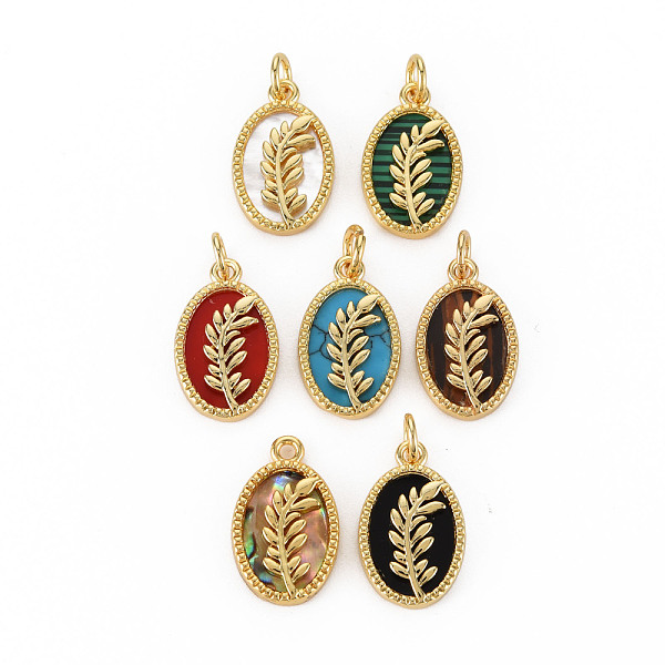 

PandaHall Brass Pendants, with Shell/Synthetic Stone/Acrylic and Jump Ring, Real 16K Gold Plated, Oval with Leaf, Nickel Free, Mixed Color..., Multicolor