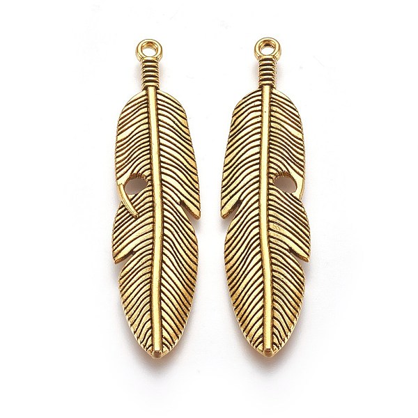 

PandaHall Tibetan Style Alloy Feather Big Pendants, Lead Free & Cadmium Free, Antique Golden, 61x15x3mm, Hole: 2mm Alloy Feather