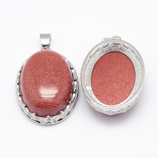 

PandaHall Goldstone Pendants, with Brass Findings, Oval, Platinum, 30x21x10~11mm, Hole: 6x4mm Goldstone Oval