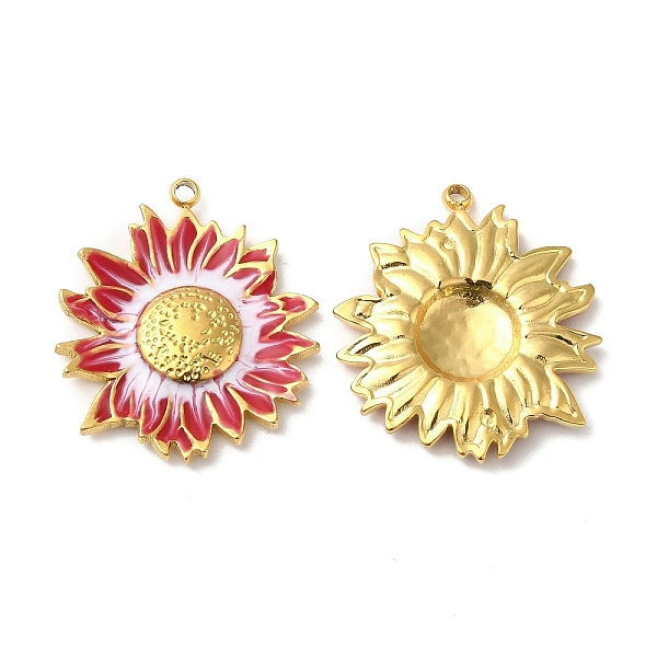 PandaHall Real 18K Gold Plated 304 Stainless Steel Pendants, with Enamel, Flower Charm, Crimson, 23.5x20.5x3mm, Hole: 1.4mm Stainless...