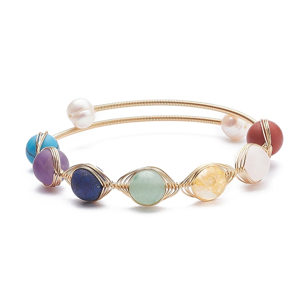 

PandaHall Round Mixed Gemstone Braided Bangle with Natural Pearl, Copper Wire Wrap 7 Chakra Torque Bangle for Women, Golden, Inner Diameter...