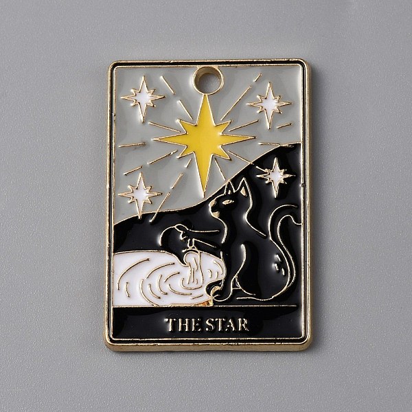 

PandaHall Halloween Alloy Enamel Pendants, Rectangle with Tarot Pattern, Light Gold, Star, 28x19x1.3mm, Hole: 2mm Alloy+Enamel Star Black