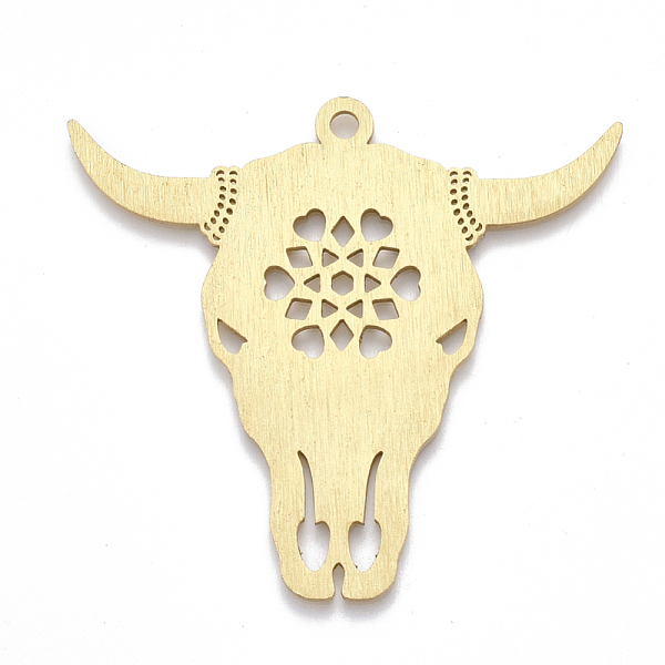 

PandaHall Aluminium Big Pendants, Laser Cut Big Pendants, Bull, Golden, 52x57x1mm, Hole: 2.5mm Aluminum Other Animal