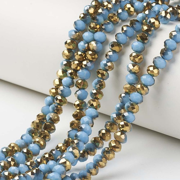 

PandaHall Electroplate Opaque Glass Beads Strands, Half Golden Plated, Faceted, Rondelle, Sky Blue, 6x5mm, Hole: 1mm, about 83~85pcs/strand...