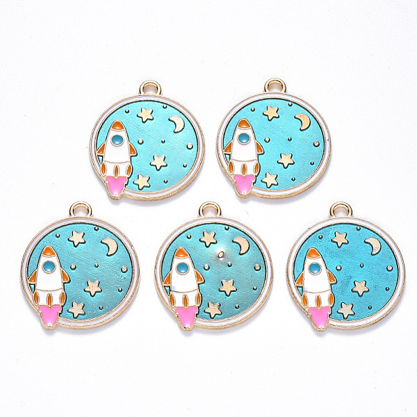 

PandaHall Alloy Enamel Pendants, Flat Round, Rocket & Star & Moon, Light Gold, Dark Turquoise, 29x25.5x1.5mm, Hole: 2.5mm Alloy+Enamel Flat...