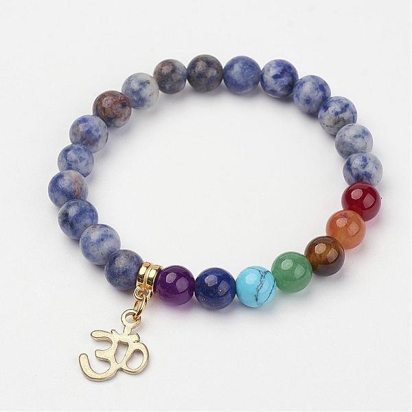 

PandaHall Sodalite Beaded Stretch Bracelets, Gemstone Beaded Charm Bracelets, with Alloy Findings, Om Symbol, 2 inch(50~53mm) Sodalite
