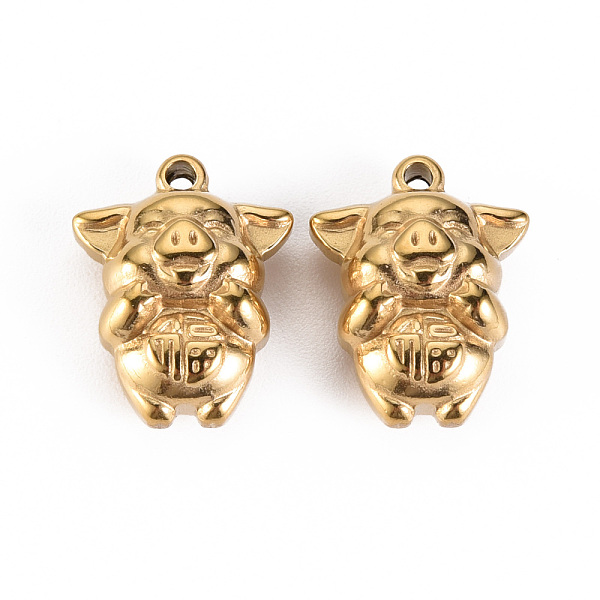 

PandaHall 304 Stainless Steel Pendants, Pig with Chinese Character Blessing, Real 14K Gold Plated, 17x13x6.5mm, Hole: 1.6mm 304 Stainless...
