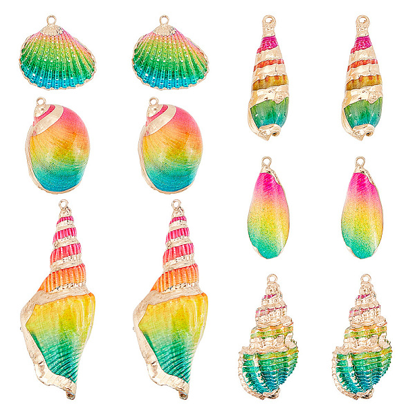 

PandaHall AHADERMAKER 12Pcs 6 Styles Electroplated Natural Mixed Shell Big Pendants, Shell Charm, Spray Painted, with Light Gold Tone Iron..., Multicolor
