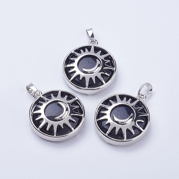 

PandaHall Synthetic Blue Goldstone Pendants, with Brass Findings, Flat Round with Sun & Moon, Platinum, 31x27.5x8mm, Hole: 5x7mm Blue...