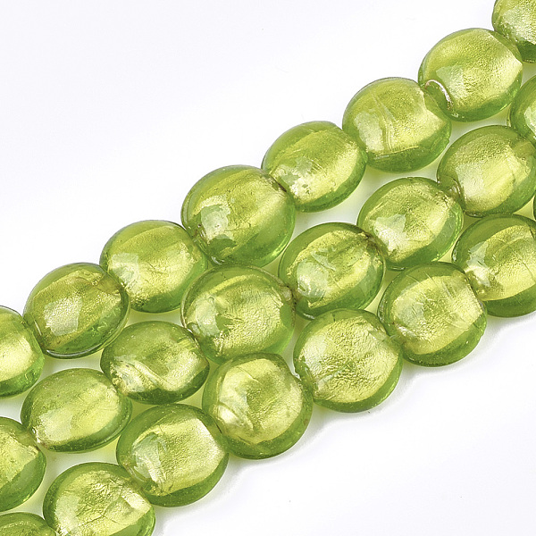 

PandaHall Handmade Silver Foil Lampwork Glass Beads, Flat Round, Yellow Green, 12~13.5x11.5~13.5x7.5~8.5mm, Hole: 1~2mm Silver Foil Flat...