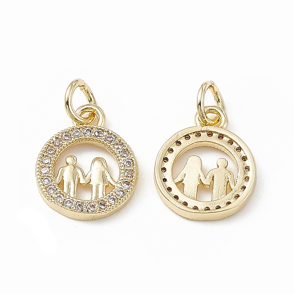 

PandaHall Brass Micro Pave Cubic Zirconia Charms, with Jump Ring, Flat Round with Lover Charm, Real 18K Gold Plated, 13.5x11x2mm, Hole: 3mm..., Clear
