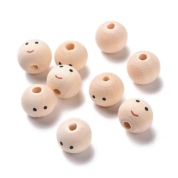 

PandaHall Printed Wood Beads, Round with Smiling Face Pattern, Undyed, Bisque, 12x11mm, Hole: 2.9mm, about 1000pcs/500g Schima Wood Smiling..., Orange